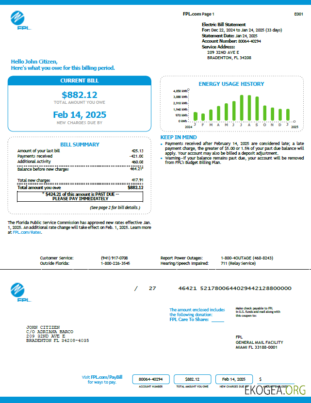 USA FPL utility bill template in Word and PDF formats, version 5
